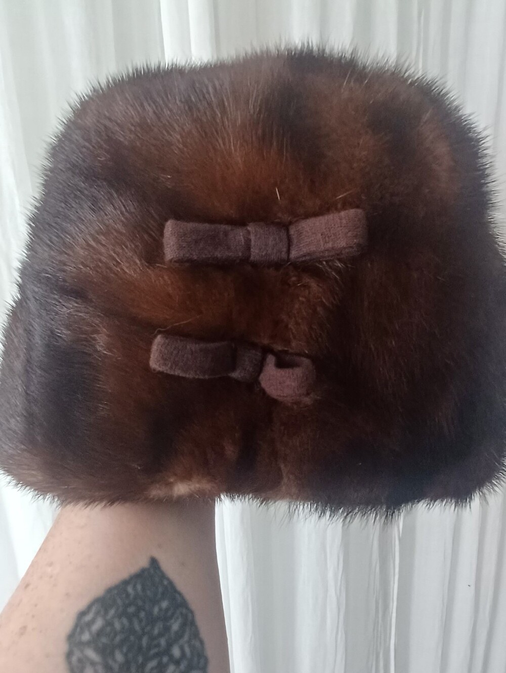 Saks Fifth Avenue Brown Fur Hat with Bow Details